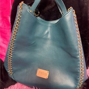 bebe Teal Leather Shoulder Bag with Gold Chain Detail